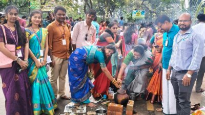 வேர்க்கடலை உரித்தல், பூச்சரம் தொடுத்தல் போட்டிகளோடு டி.ஜி. வைஷ்ணவ கல்லூரியில் குதூகலப் பொங்கல் விழா